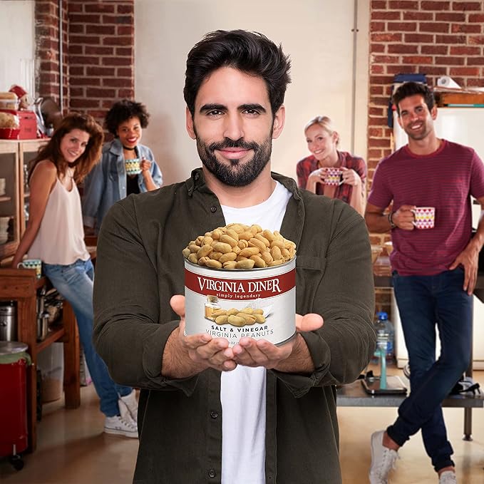 Virginia Diner - Salt and Vinegar Seasoned Extra Large Virgnia Peanuts 18oz in Resealable Can for Snacking or Gifting