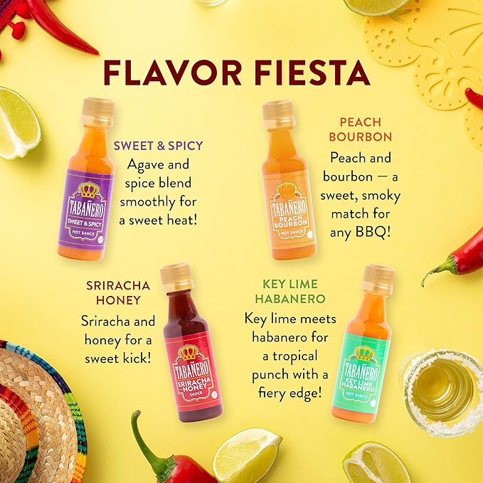 Taba챰ero Variety Hot Sauce Gift Set, 4 Pack, Kit Includes Peach Bourbon, Sriracha Honey, Key Lime Habanero, Sweet & Spicy, 1.7 oz Mini Glass Bottles, All Natural, Gluten Free, Low Sodium, Vegan, Kosher, Made in the USA