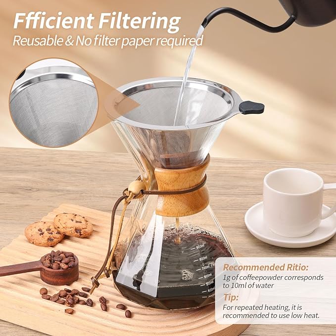 Pour Over Coffee Maker 34 OZ, 10 Cup Borosilicate Glass Drip Coffee Maker with Reusable Stainless Steel Filter and Cork Grip for Home Caf챕 1000 ML (Diamond Shape)