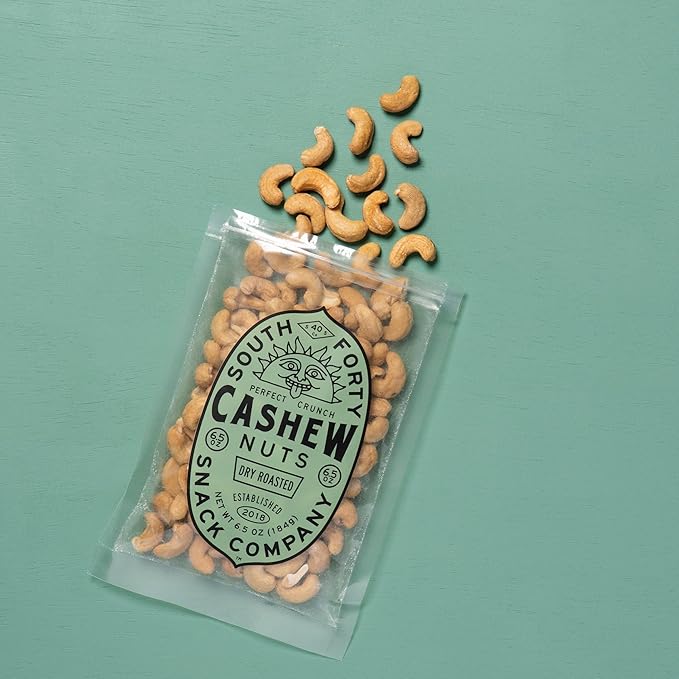 South 40 Snacks Dry Roasted Salted Giant-Sized Cashews, Just 2 Ingredients, Dry Roasted Cashews and Salt (6.5oz bags, pack of 4)