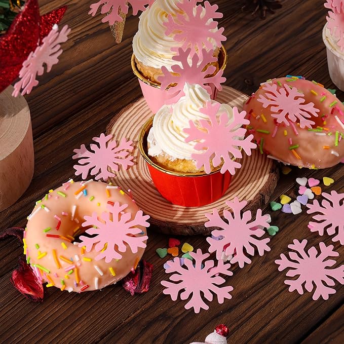 50PCS Edible Snowflakes Cupcake Toppers Pink Snowflakes Cake Decorations Wafer Paper Snowflake Cake Sprinkles for Christmas Winter Holiday Frozen Theme Party Supplies Pink-01