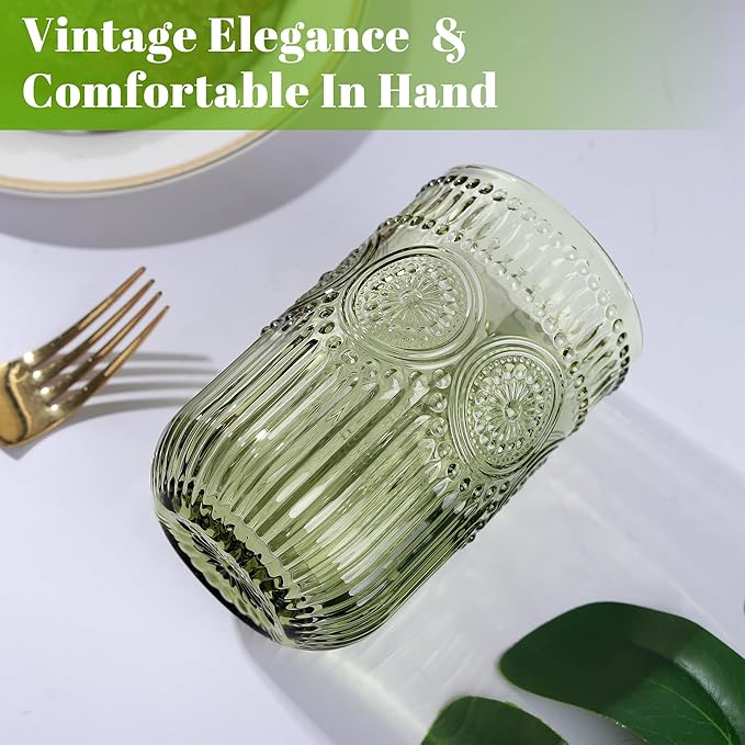 Joeyan Vintage Green Drinking Glasses Set of 4,14 oz Embossed Sunflower Beaded Highball Glass Water Tumbler Cups,Colored Romantic Glassware for Beverages Cocktail Juice Wine,Dishwasher Safe