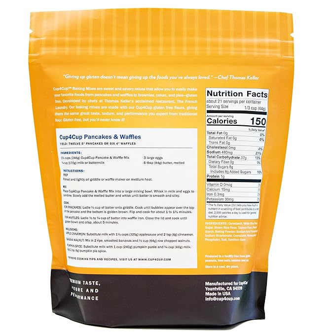 Cup4Cup Pancake and Waffle Mix, 2 Pounds, Certified Gluten Free, Dairy Free, Non-GMO, Kosher, Made in the USA