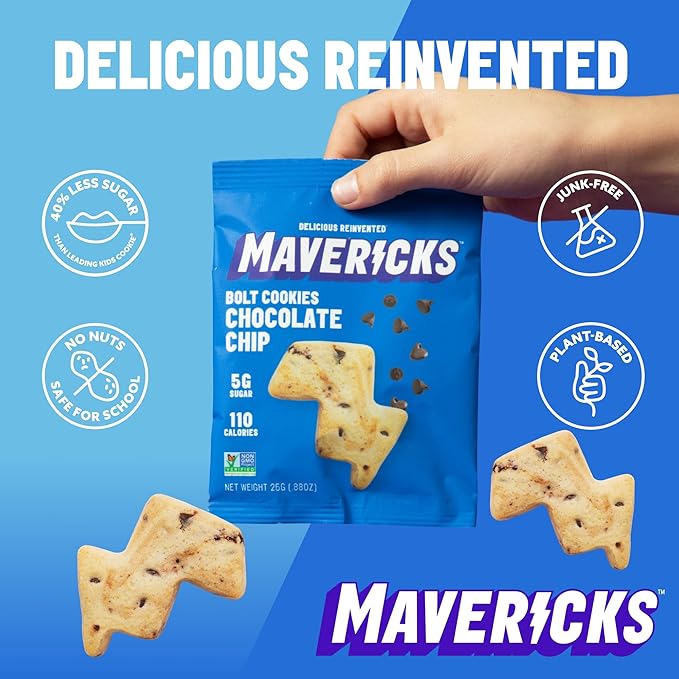 Mavericks Chocolate Chip Bolt Cookies - Plant-Based Chocolate Chip Cookies, Healthy, Plant-Based Snack for Kids, Nut Free, 40% Less Sugar - Back to School - 6 Boxes (48 Pouches)