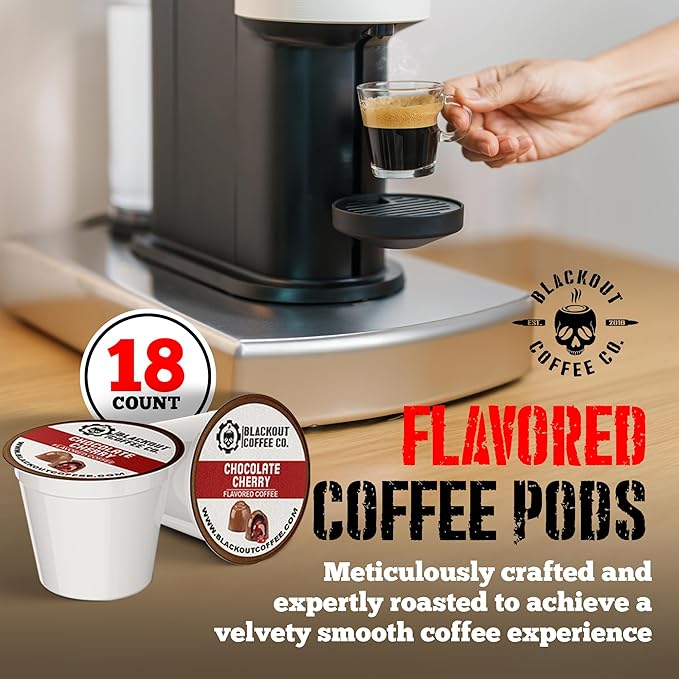 Blackout Coffee Chocolate Cherry Flavored Coffee Pods ??Premium Roasted, Smooth Taste, Guilt-Free Indulgence ??18 Count Single-Serve Pods, American Made