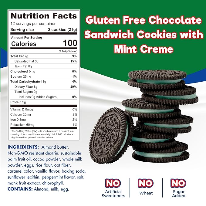 ChocZero Mint Dunkies ??Mint Creme Chocolate Sandwich Cookies, Sugar Free, Keto Friendly, Low Net Carb, High Fiber, Gluten Free ??9oz Box