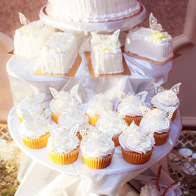 Gyufise 36 Pack Silver Laser 3D Butterfly Cupcake Toppers Hollow Cake Decorations for Birthday Wedding Fairy Party Wall Sticker Decal
