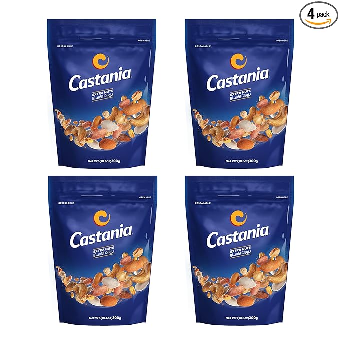 Castania BBQ Lebanese Mixed Nuts, Extra Mix with Pistachios, Almonds, Cashews, Hazelnuts, Peanuts, Pumpkin Seeds, Corn and Chickpeas, 10.6oz (Pack of 4)