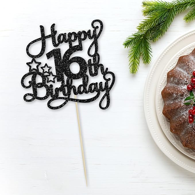 1 Pack Happy 16th Birthday Cake Topper Glitter Sweet 16 Cake Pick Decorations for Children Theme Party Supplies Black