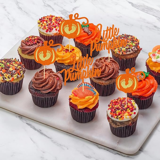 24Pcs Little Pumpkin Cupcake Toppers - Baby Shower Cake Decorations - Baby Feet Pumpkin Cupcake Picks for Thanksgiving Halloween Kids Birthday Party Decorations - Orange Glitter