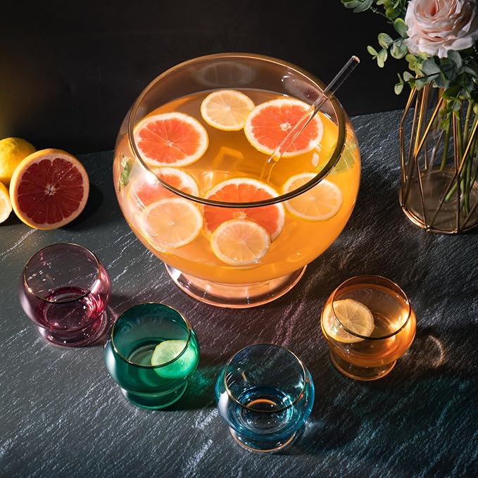 Colorful 1.7 Gallon Punch Bowl with 4 10oz Glasses Set with Ladle Gift For Mothers Day, Her, Wife, Mom, Friend - Colored Set Cocktails, Margarita, Juice, Punch Drink bowl for Parties, Weddings