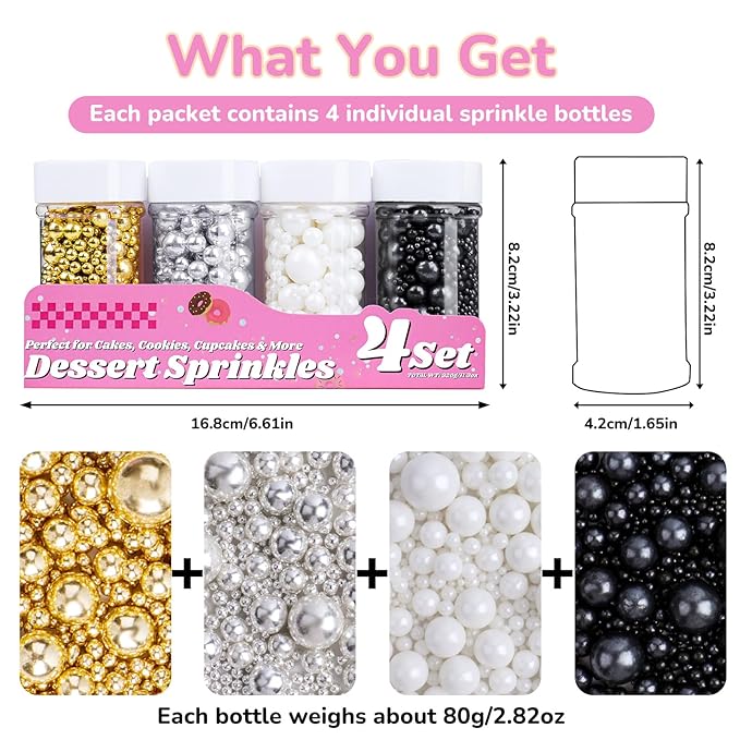 Pearl Sprinkles for Cake Decorating, 11.3 Oz Edible Pearls Sugar 4 Colors Gift Box Set for Baking Cookie Ice Cream Cupcake Toppings