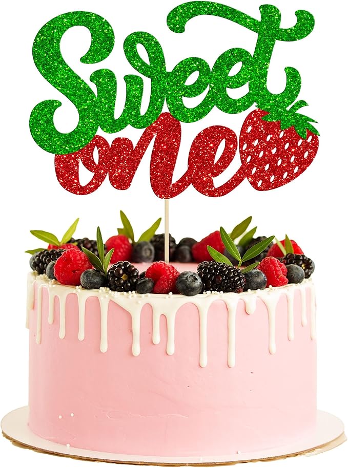 1 Pack Sweet One Cupcake Topper Glitter First Birthday Strawberry Cake Pick for Fruit Baby Shower 1st Birthday Berry Sweet Party Cake Decorations Supplies Green