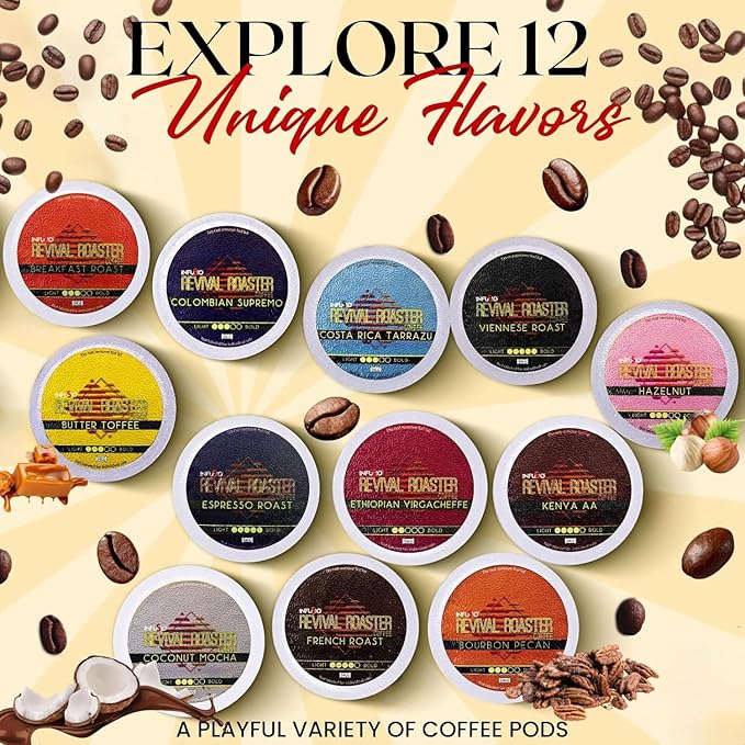InfuSio Coffee Pods Variety Pack – 48 Count, 12 Crafted Medium & Dark Roast Blends and Artisan-Inspired Flavors Like Bourbon Pecan & Butter Toffee, Revival Roaster Collection, Compatible with Keurig 2.0 Brewers