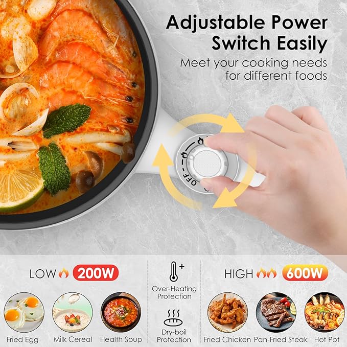 Audecook Hot Pot Electric, 1.7L Mini Electric Skillet Portable Nonstick Saut챕 Pan with Power Adjustment, Rapid Noodles Cooker Travel Multicooker for Steak/Soup/Egg/Oatmeal/Noodles