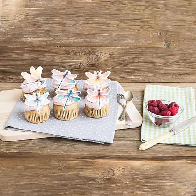 Rsstarxi 60 Pack Dragonfly Edible Cake Toppers Rice Paper Insect Themed Cupcake Picks for Baby Shower Birthday Wedding Anniversary Party Cake Decorations Supplies
