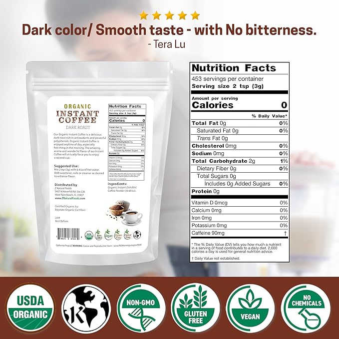 Z Natural Foods Organic Instant Coffee Powder - Rich Dark Roast Flavor, Arabica Instant Espresso Powder with Antioxidants to Boost Energy, Mood & Focus - Gourmet Instant Coffee in Resealable Bag, 3 lbs