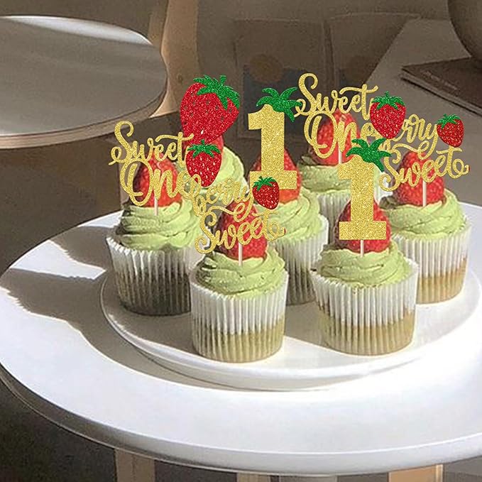 24 Pack Sweet One Cupcake Toppers Glitter First Birthday Strawberry Cupcake Picks for Fruit Baby Shower 1st Birthday Berry Sweet Cupcake Decorations Party Supplies Gold
