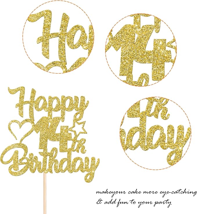 1 Pack Happy 14th Birthday Cake Topper Glitter Heart Star 14 Fabulous Cake Pick Birthday Sign Cake Decorations for 14th Birthday Theme Party Supplies Gold