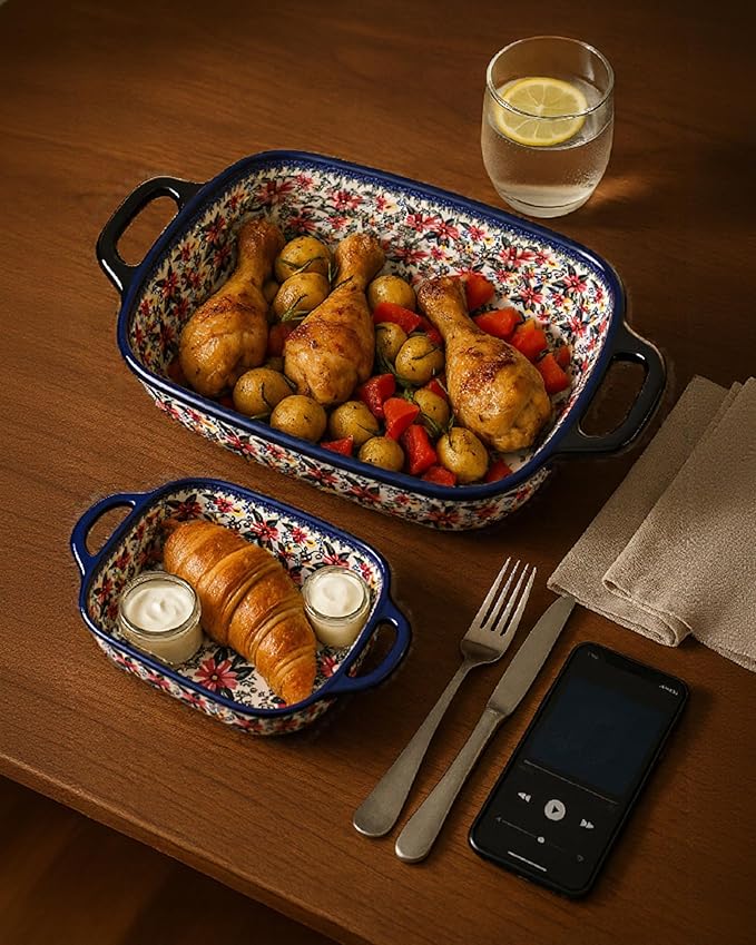 Ceramic Baking Dish Set of 2 ??Decorative Polish Pottery Style Casserole Dishes with Handles, Cute Oven-Safe Lasagna Bakeware Gift Set