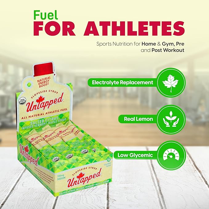 UnTapped Salted Citrus Infused Vermont Maple Syrup Packets for Athletes, Box of 20 - 1 fl oz | Pure Maple Syrup with Refreshing Citrus Flavor and Sea Salt for Endurance Energy | Fuel to Keep You Running Longer