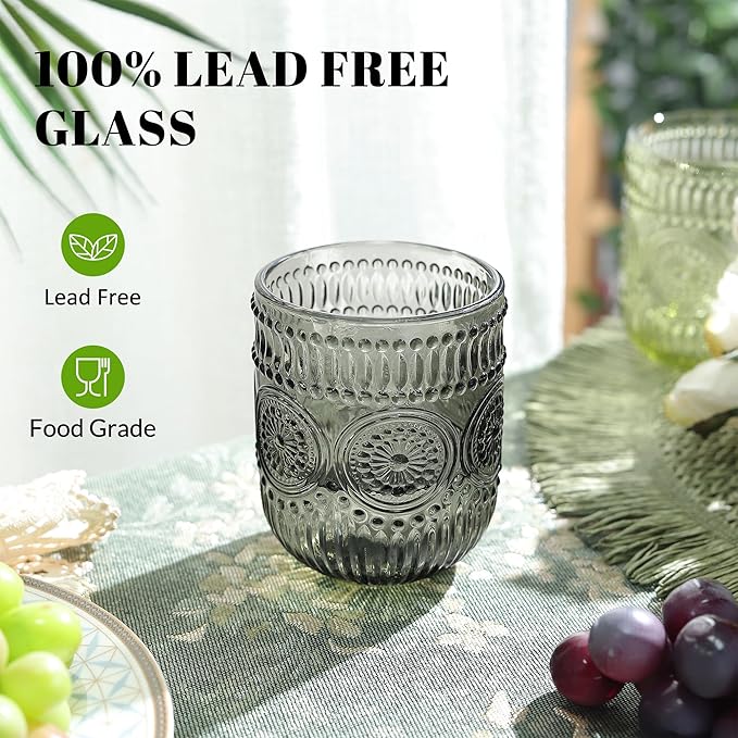 Joeyan Vintage Drinking Glasses Set of 4,9 oz Embossed Sunflower Small Water Glass Tumbler Cups,Colored Romantic Beaded Glassware for Beverages Cocktail Juice Wine,Multicolor,Dishwasher Safe