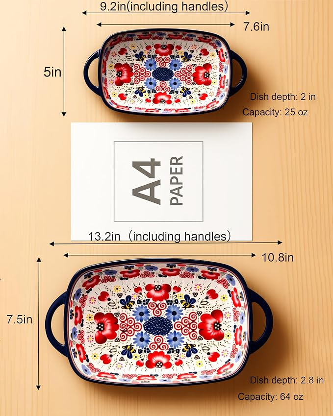 Ceramic Baking Dish Set of 2 ??Decorative Polish Pottery Style Casserole Dishes with Handles, Cute Oven-Safe Lasagna Bakeware Gift Set