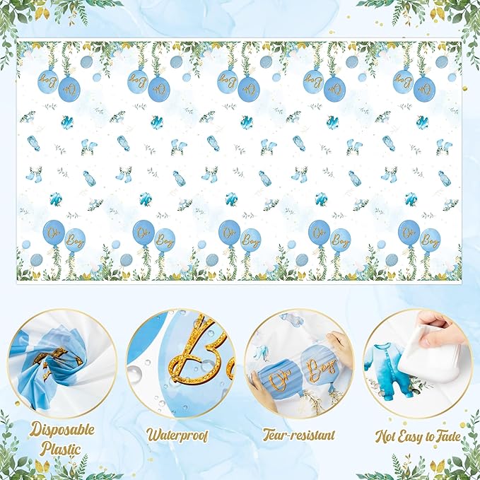 Baby Shower Party Tablecloths - 3Pcs Watercolor Blue Birthday Party Table Cover Decorations, Oh Boy Themed Rectangular Plastic Disposable Table Cloth for Baby Boys Birthday Gender Reveal Supplies