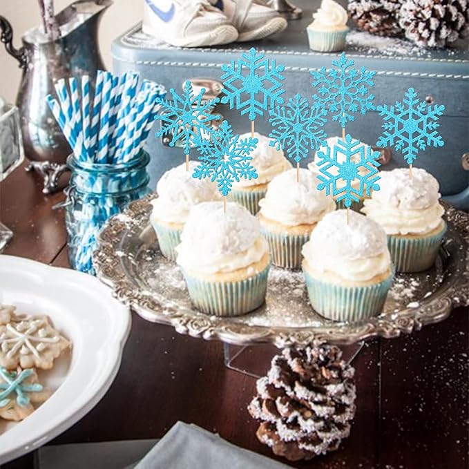 36 PCS Snowflake Cupcake Toppers Glitter Winter Frozen Theme Snowflake Cupcake Picks Winter Wonderland Cake Decorations for Baby Shower Kids Birthday Christmas Party Supplies Blue