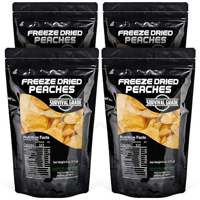 Survival Grocery Freeze Dried Peaches ??All-Natural, No Added Sugar or Preservatives, Rich in Vitamin C & Fiber, Long Shelf Life, Healthy Snack for Yogurt, Smoothies, Baking & On-the-Go (24 oz./4 Bags)