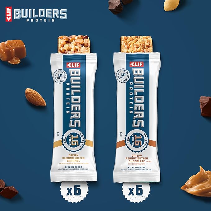 CLIF BUILDERS Protein Bars - Variety Pack - Crispy Almond Salted Caramel and Crispy Peanut Butter Chocolate Flavored - Reduced Sugar - Gluten Free - 16g Protein - No Artificial Sweeteners - 1.97 oz. (12 Pack)
