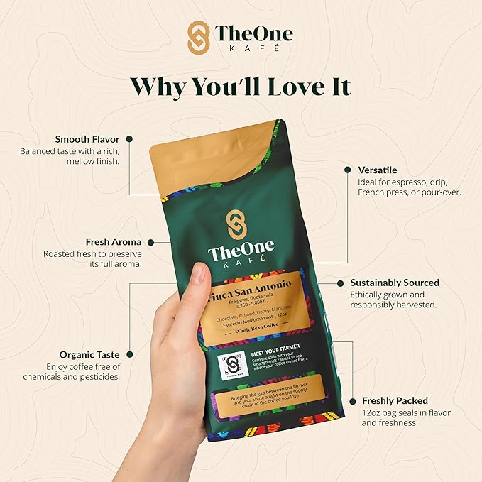 TheOne Kafé Guatemala Medium Roast Whole Bean Coffee ??Organic, Single Origin, Premium Specialty Coffee, Ethically Sourced, Smooth & Rich Flavor ??Fresh Roasted for Espresso, Drip, Pour Over ??12 oz