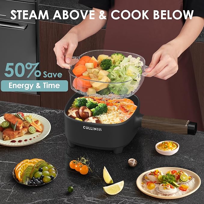 2L Hot Pot Electric with Steamer, Portable Electric Pot with Upgrade Honeycomb Nonstick Coating for Dorm, Office, Travel, Multi Cooker Pot for Ramen, Soup, Oatmeal (Tongs Included)