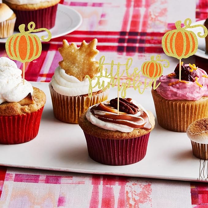 24Pcs Little Pumpkin Cupcake Toppers Fall Pumpkin Cupcake Picks for Thanksgiving Halloween Baby Shower Kids Birthday Party Cake Decorations Supplies - Gold Orange Glitter
