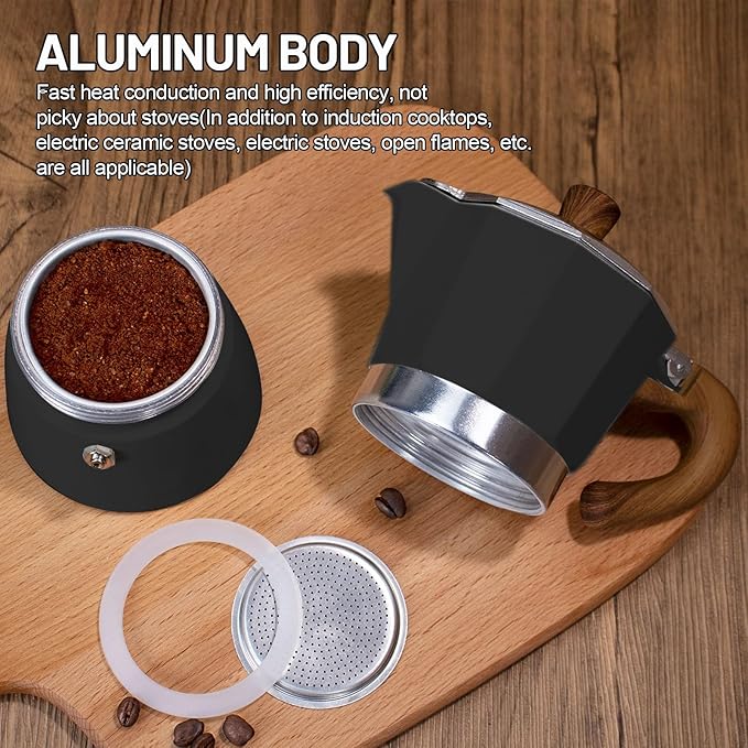 2-in-1 Moka Pot Espresso Set with Electric Stove 3 Cup Aluminum Stovetop Coffee Maker Percolator Italian Classic Mocha Coffee Machine for Italian and Cuban Cafe Brewing Portable Camping Black