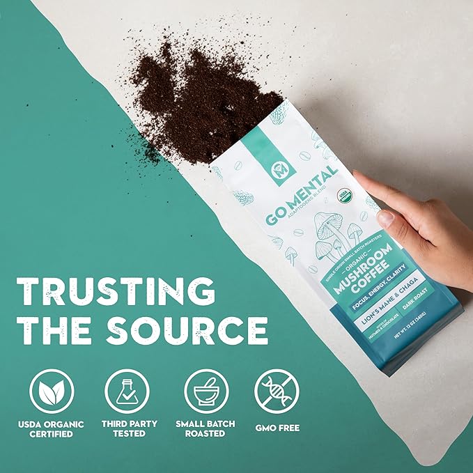 Organic Lion's Mane & Chaga Mushroom Coffee Ground Dark Roast, Full Fruiting Bodies, For Enhanced Brain Function, Immune Support, Wellbeing Grade 1 Single Origin, 12oz - Ground
