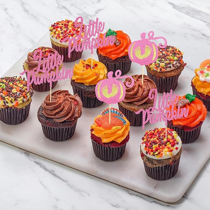 24Pcs Little Pumpkin Cupcake Toppers - Baby Shower Cake Decorations - Baby Feet Pumpkin Cupcake Picks for Thanksgiving, Halloween, Kids Birthday Parties - Pink Glitter