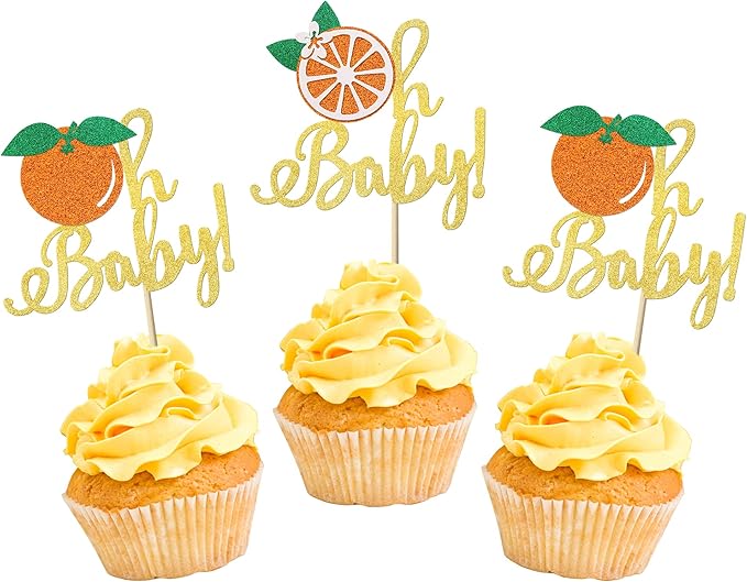 24 Pack Little Cutie Oh Baby Cupcake Toppers Glitter Orange Cupcake Picks for Citrus Theme Baby Shower Kids Birthday Party Tangerine Clementine Fruit Party Cake Decorations Supplies