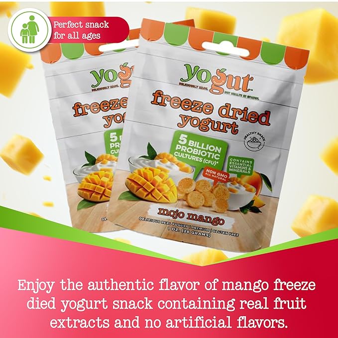 YoGut Freeze Dried Yogurt Snack, Variety Pack, 6 Pack, Healthy Snacks for Kids, Toddlers & Adults, Gluten Free, Non GMO, With 5 Billion Live Probiotics, Vitamins & Minerals, Individual Snack Packs