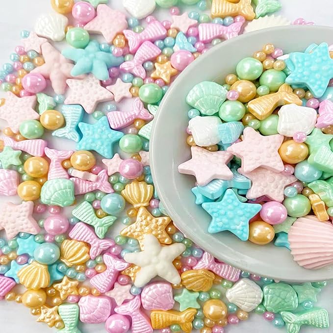 Sentovac Colorful Mermaid Sprinkle Edible Decorating Ocean Sprinkles for Cake Cupcake Topper Cookie Baking Decorations Starfish Shell Pearl Mermaid Candy Mix Mermaid Party Birthday Cake Decorations
