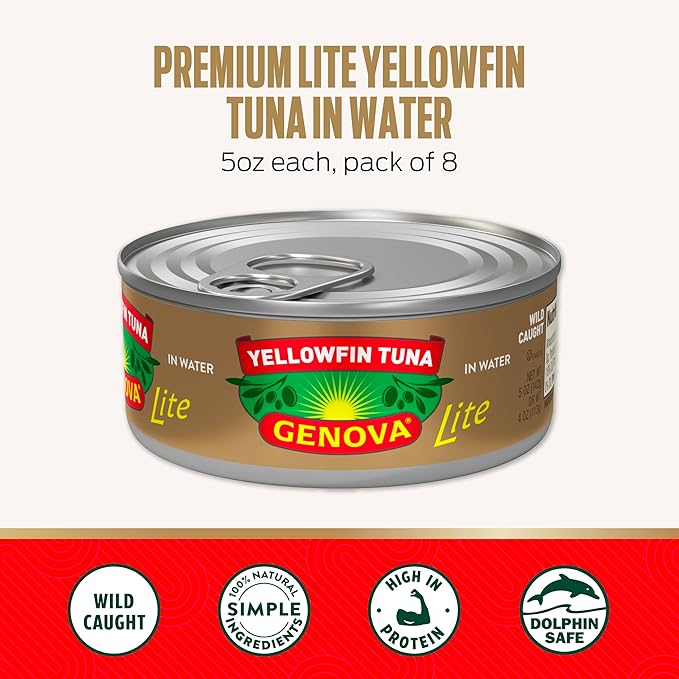Genova Premium Lite Yellowfin Tuna in Water, Wild Caught, Solid Light, 5 oz. Can (Pack of 12)