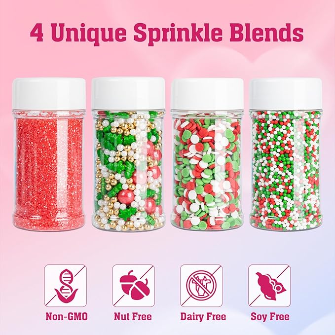 Twisweet Christmas Sprinkles 12oz, Red Green White Sprinkle for Cake Decorating, Edible Christmas Tree Sugar Sprinkles for Baking, Candy Pearls Mix, Cake Topper Ice Cream Cupcake Cookie Toppings Dessert Festival Decorations