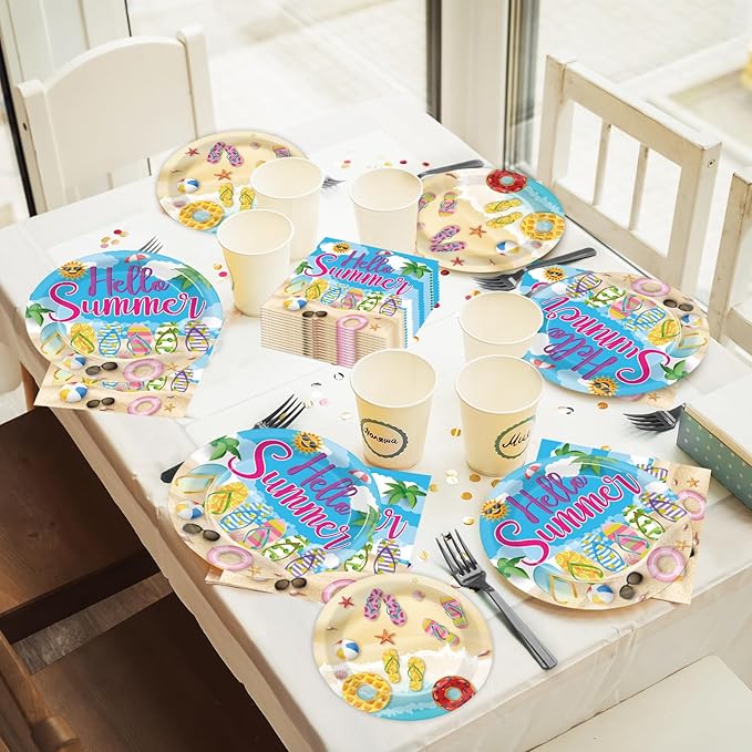 96Pcs Hello Summer Plates and Napkins Beach Party Decorations Hawaiian Tropical Disposable Paper Dessert Plates Tableware Set for 24 Guests Kids Summery Ocean Pool Birthday Party Supplies