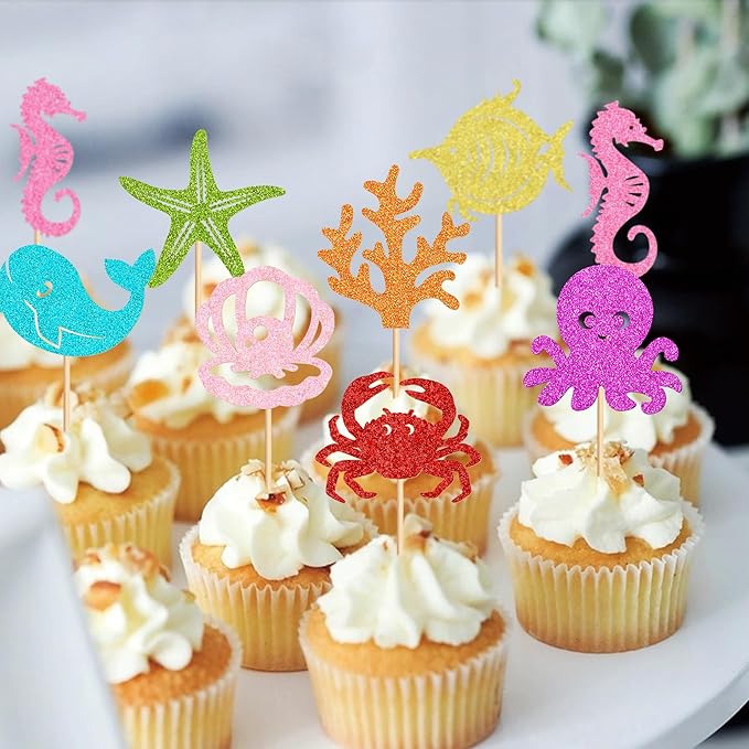 24 Pcs Ocean Cupcake Toppers - Ocean Theme Party Decorations Sea Animals Dolphin Whale Turtle Octopu Weaweed Party Cake Picks for Kids Under the Sea Baby Shower Birthday Party Supplies ??"<div>