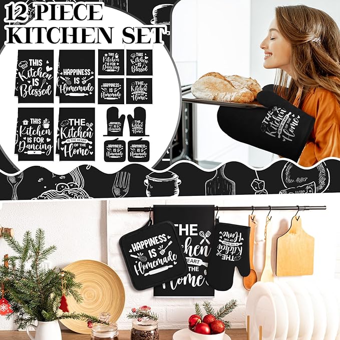 Bencailor 12 Pcs Farmhouse Kitchen Decor Sets, 8 Black Kitchen Dish Towels 2 Pot Holders 2 Oven Mitts Glove, Rustic Hand Towels and Dishcloths Sets for Home Decorations Accessories Christmas Mom Gifts