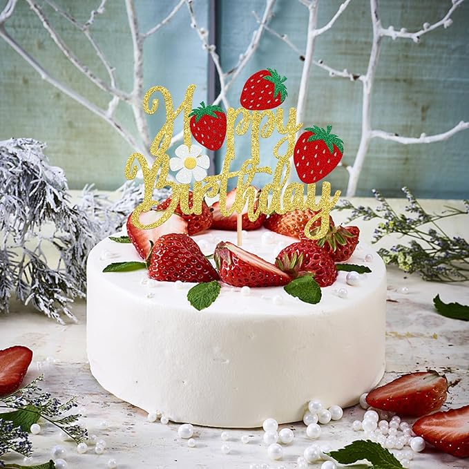 1 Pack Happy Birthday Cake Topper Glitter Strawberry Cake Pick for Fruit Theme Baby Shower Kids Birthday Party Strawberry Fruit Party Cake Decorations Supplies Gold