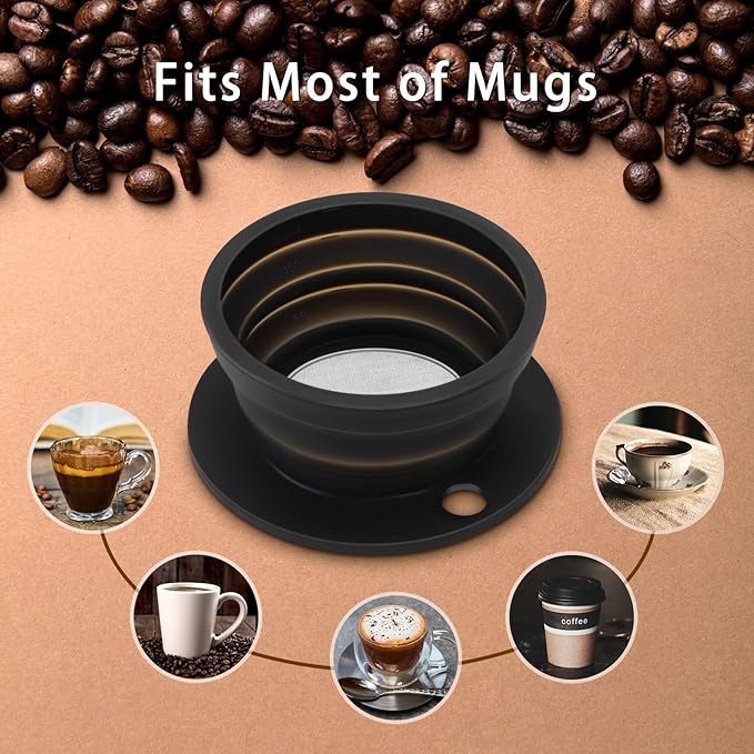 2-Packs Paperless Collapsible Travel Pour Over Coffee Maker with Metal Filter - Single Serve Camping Pour Over Coffee Maker Set - Travel Collapsible Pour Over Coffee Dripper kit (Black+Red)