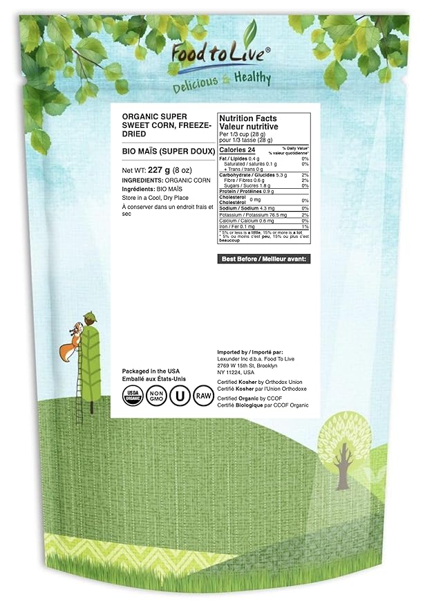 Food to Live Organic Super Sweet Corn, 8 Ounces - Freeze-Dried Kernels, Non-GMO, Kosher, Healthy Snack, Bulk, Grown in the USA