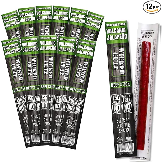 Wicked Cutz Volcanic Jalapeno Spicy Beef Sticks, Tender, Flavorful, Extra Large, Hot Beef Jerky Sticks with 15g of Protein Per Meat Stick, Gluten Free, High Protein, Healthy Snacks for Adults (12 Total)