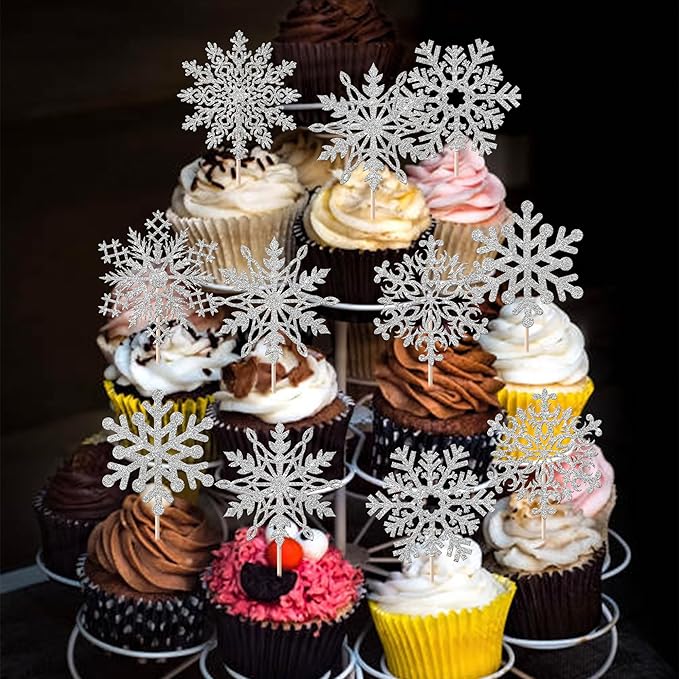 Rsstarxi 24 Pack Snowflake Cupcake Toppers Silver Glitter Winter Frozen Theme Cupcake Picks for Snowflake Winter Wonderland Baby Shower Kids Birthday Christmas Party Cake Decorations